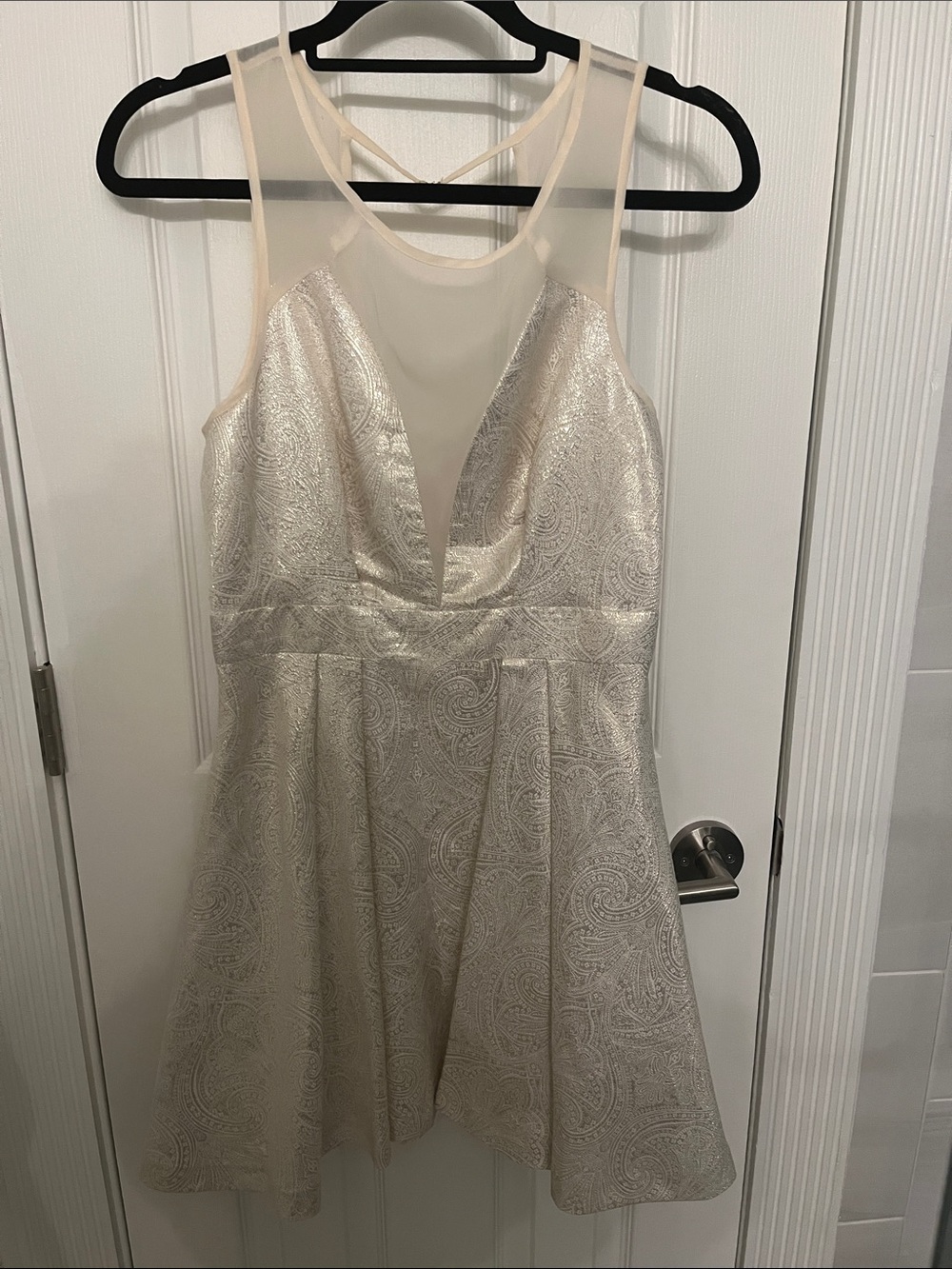 BCBGeneration Metallic Ivory Fit-and-Flare Holiday Prom Dress with Sheer Yoke